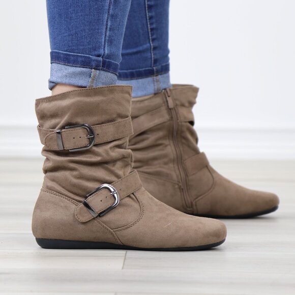 Above Ankle Booties Flat Boots Faux Suede Taupe  Round Toe - Picture 4 of 12